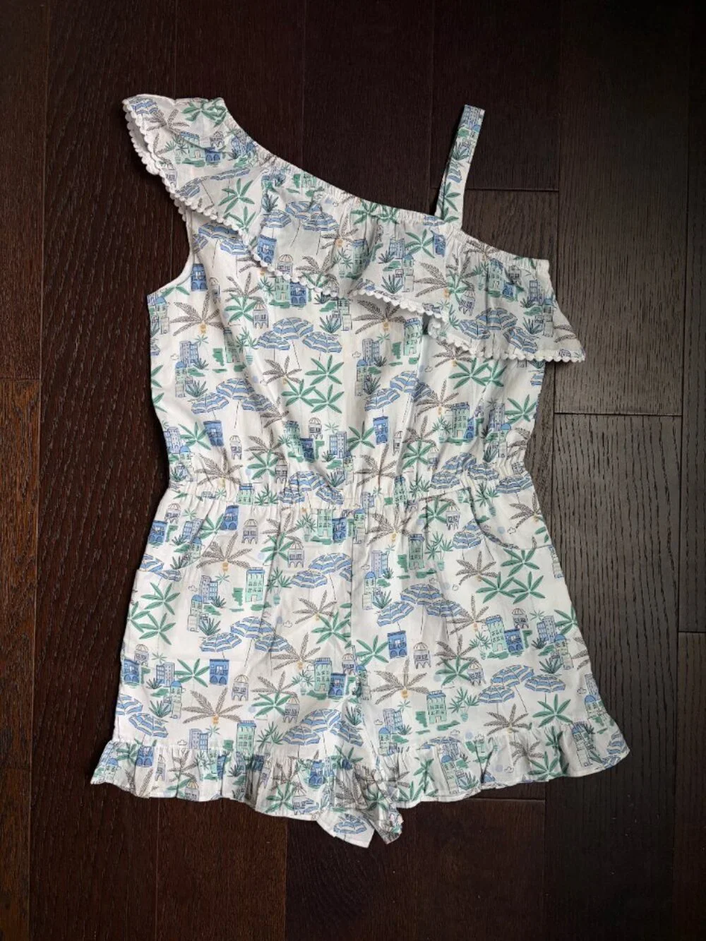 NWT Janie and Jack Ruffle Shoulder Shorts Romper (Coastal Getaway Print) - 12